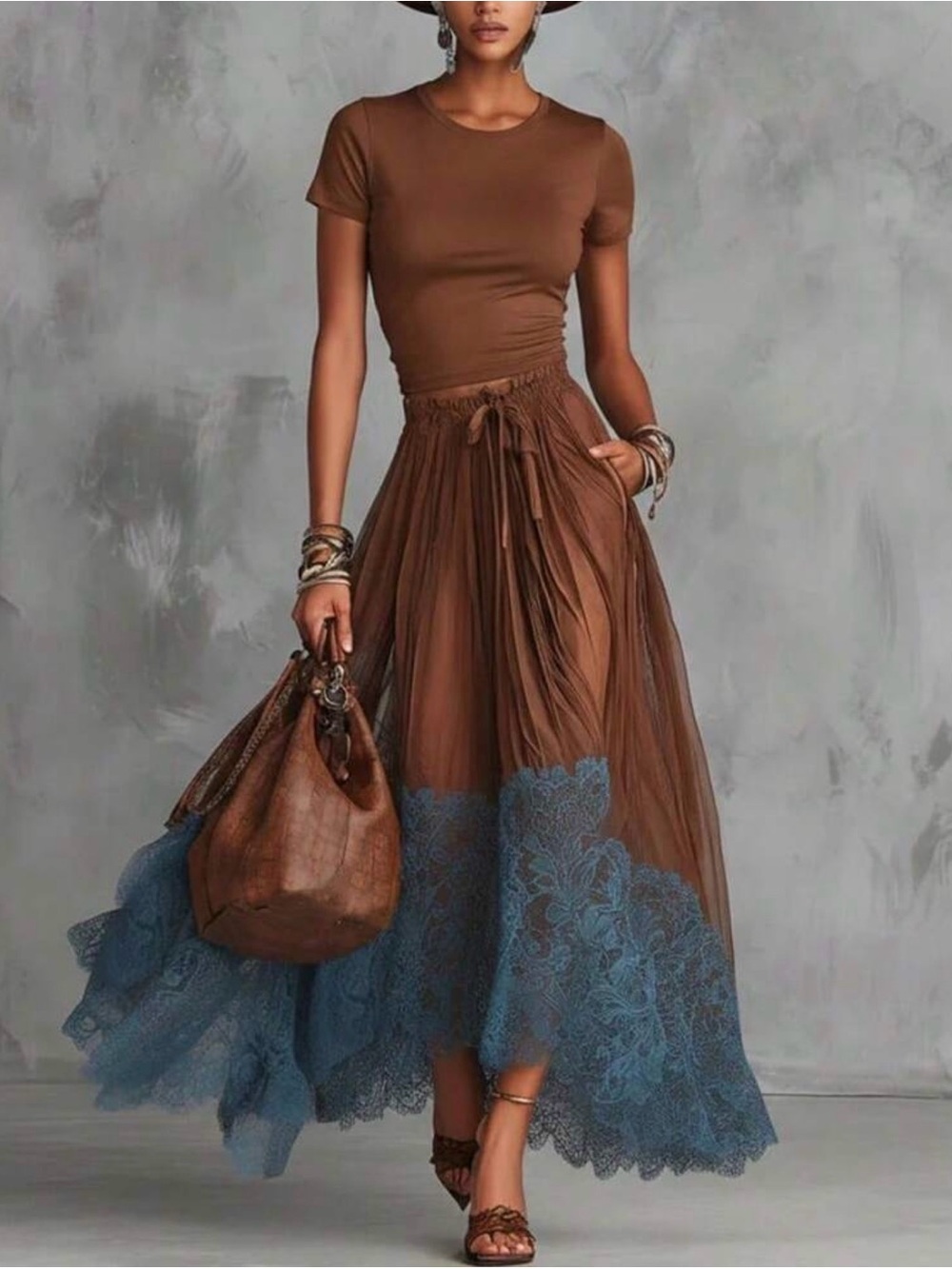 Brown & Blue Lace-Hem Maxi Skirt